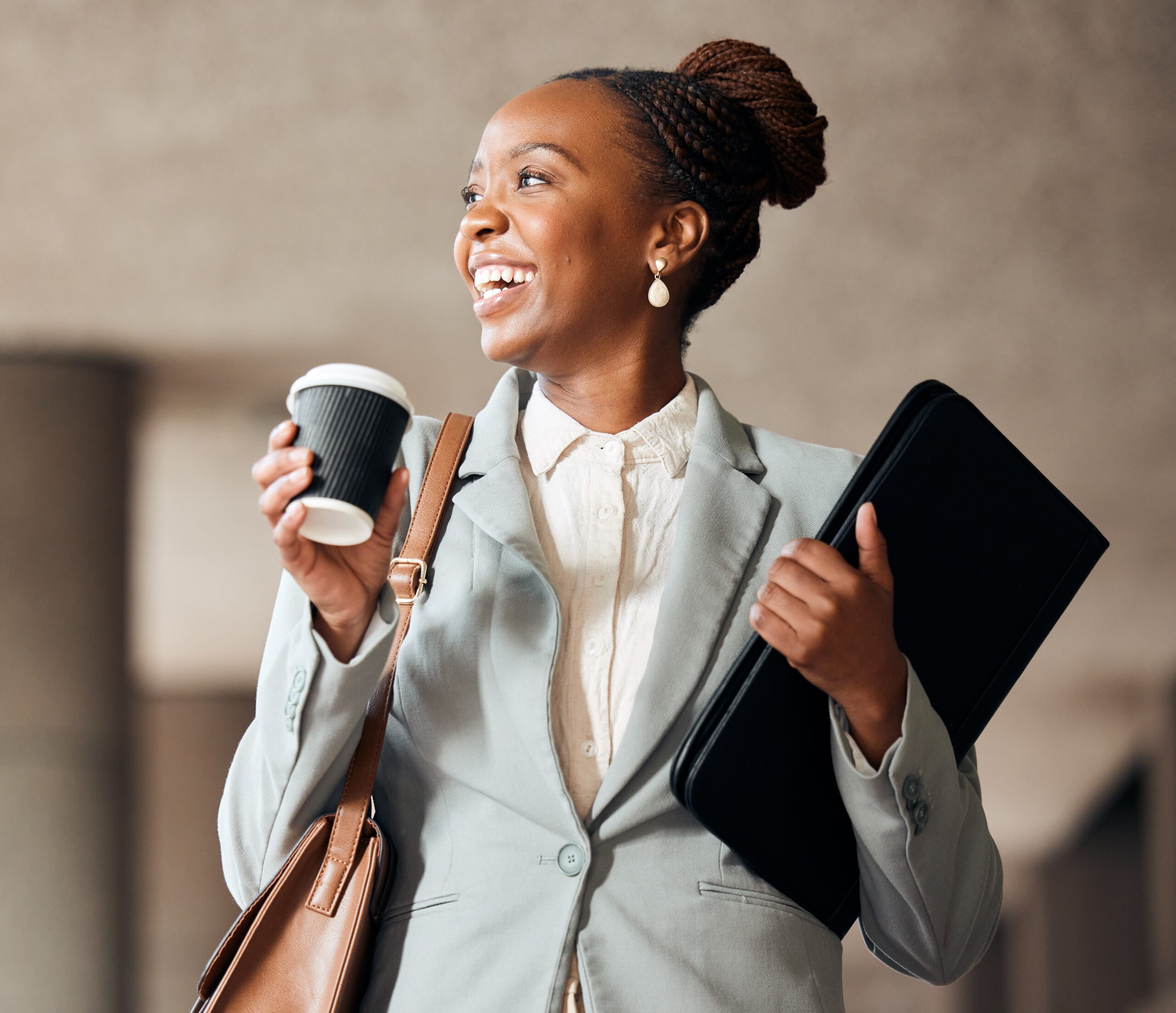 woman walking happily and all set for her first job.